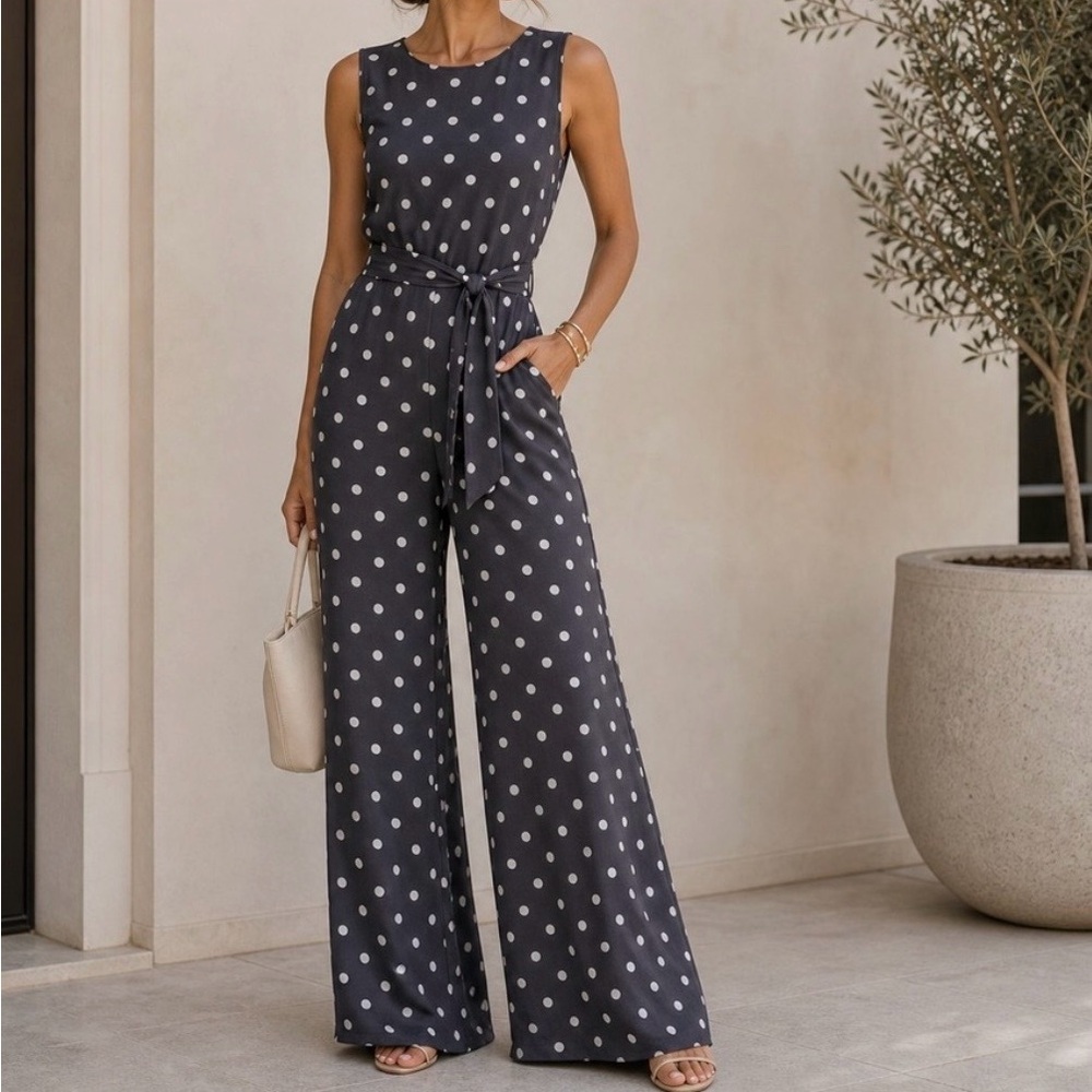 Ralph Lauren Chic Gray Sleeveless Polka Dot Wide-Leg Jumpsuit Size 4